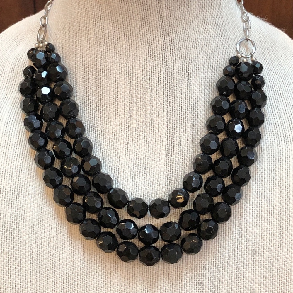Triple Strand Black Crystal Bead Necklace